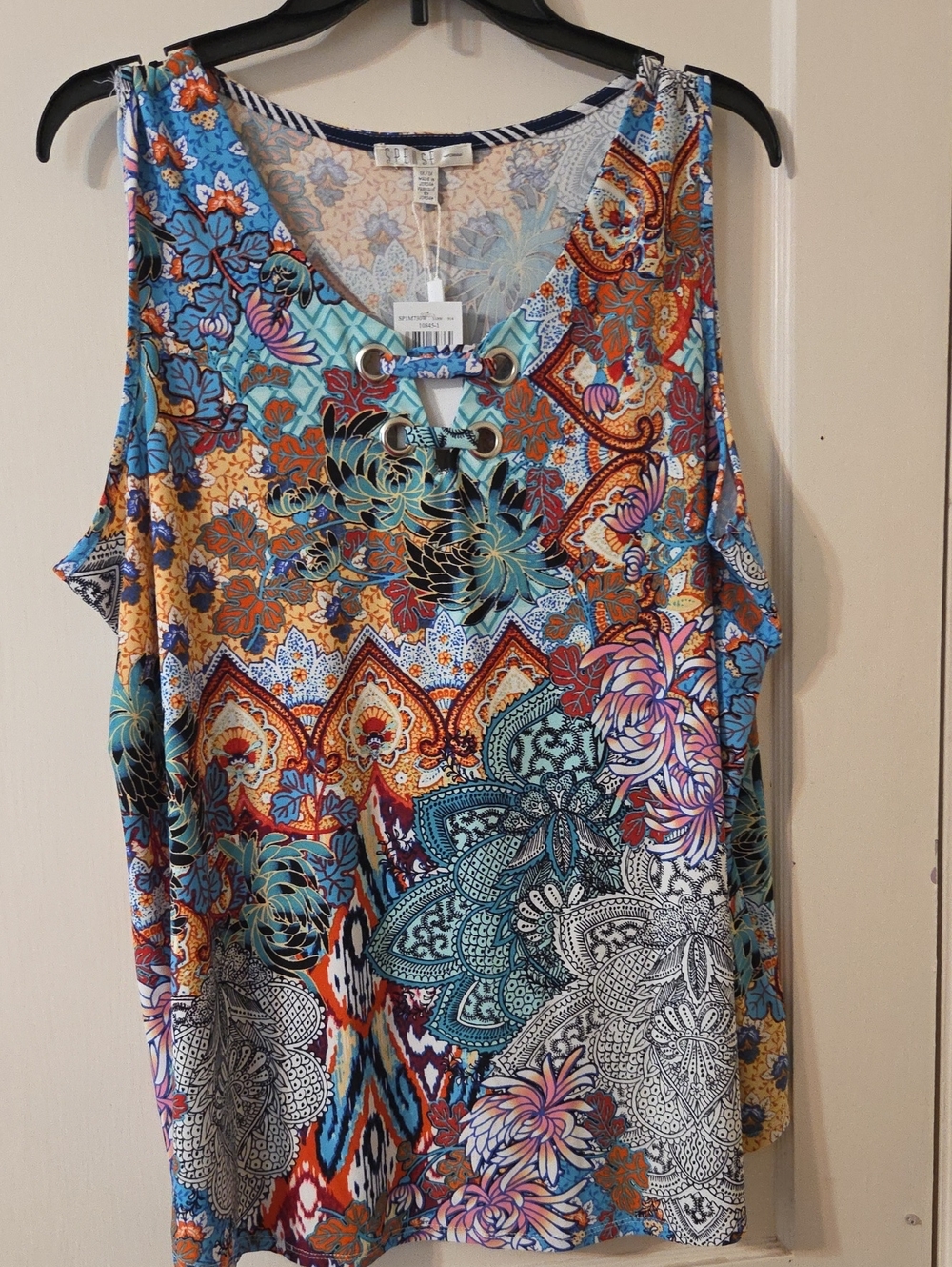 Spense Blue Multi Floral Paisley Lace-Up Tank Top
